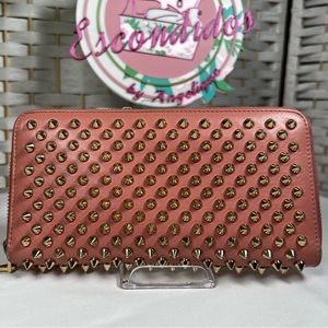 Christian Louboutin Panettone Pink Leather Gold Spikes Zip Around Long Wallet